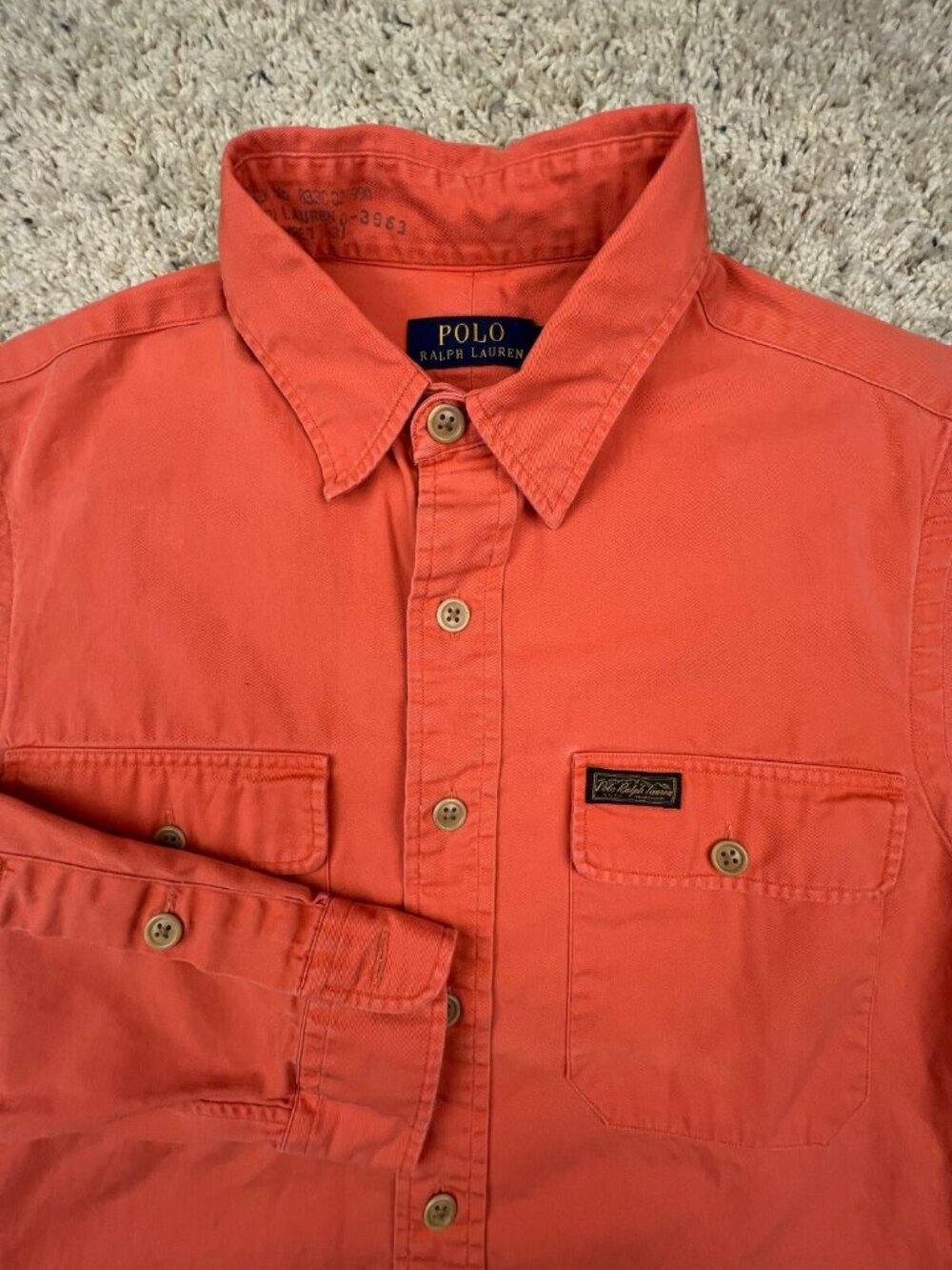 Polo Ralph Lauren Orange Issued 0-3863 Button Up Shirt w Emblem, Pockets L/S